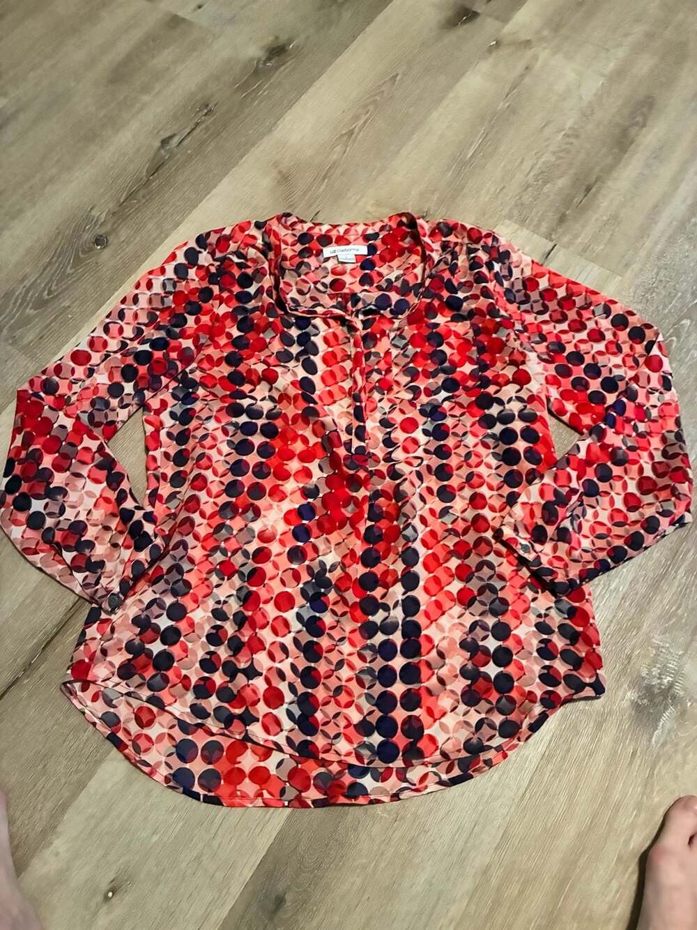 Liz Claiborne Red Geometric Circle Print Long Sleeve Blouse Size L